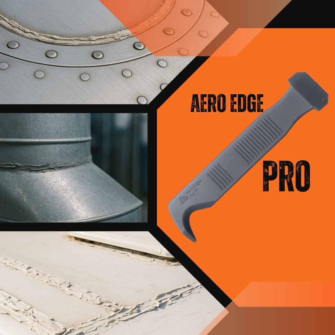 Hero product shot on metal workbench with paint and caulk spots